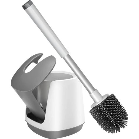 Brosse de toilette en siliconeBrosse de toilette et supportBrosse de nettoyage de toilette avecBrosse en siliconeBrosse de toilette ventilée de salle deBains avec support-Gris + blanc (1/5)