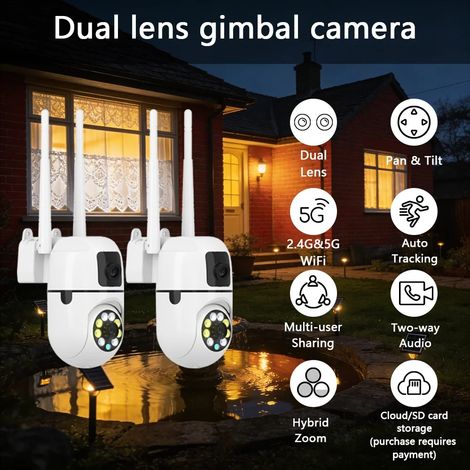 Lot de 2 Caméras de Surveillance WiFi Double Objectif, Vision Nocturne, Détection de Mouvement et de Son, Étanches Intérieur/Extérieur, Stockage Cloud, Alimentation USB (1/5)