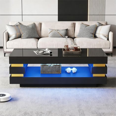 Table basse 100x50x35 cm LED avec rangement creux, table de salon fonctionnelle pour petit espace, aggloméré, noir