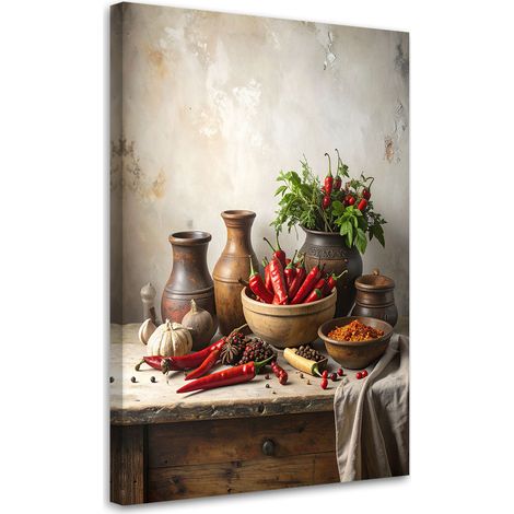 Wandbild für die Küche  Chili-Paprika Knoblauch Krüge 70x100 cm