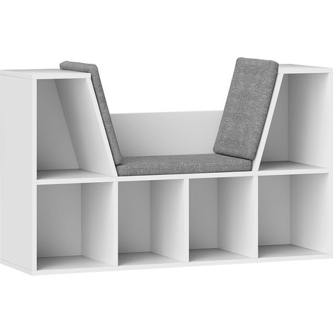 Banc rangement livres 6 compartiments 105×30×63 cm, revêtement lin, blanc, pour salon et chambre (1/4)