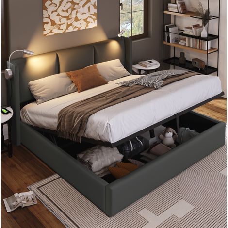 Cama doble 180x200 cm gris en piel sintética con almacenamiento, LED y 2 puertos USB (1/5)