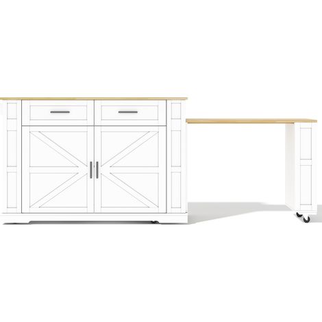 Îlot de cuisine extensible 130 x 50 x 93 cm avec prises, 2 tiroirs, MDF, blanc chêne (1/5)