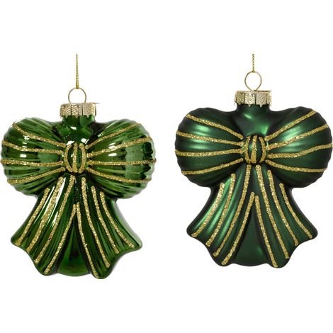 Pendente fiocco in vetro con linea glitter 9 x 4,2 x 10 cm verde pino Peraga Christmas