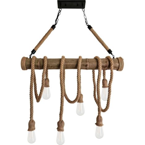 Lampadario Vintage in Corda di Bambù a Sospensione, 6 Teste E27
