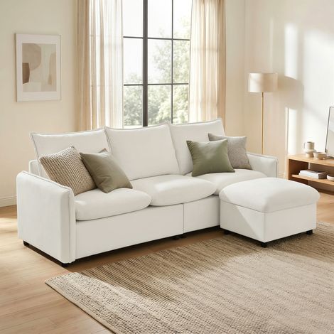 Modulares 3-Sitzer-Ecksofa aus atmungsaktivem Kunstleder mit Fußstütze, Stauraum und Kissen, Creme
