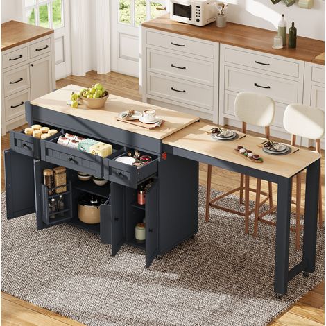 Isola cucina mobile 137-190,6x45,2x92 cm con piano estensibile, 3 cassetti, porta spezie, MDF - grigio (1/5)