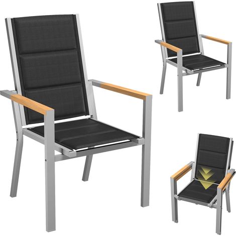 lot de 2 Chaise de Jardin Empilable, Fauteuil en Aluminium avec Accoudoirs Imitation Bois, Tissu Textilène et éponge à Séchage Rapide, Dossier Surélevé, Gris Clair