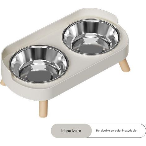 Gamelle surélevée pour chat - Acier inoxydable, double bac (32,5 × 17 × 10 cm) - Protection du cou - Blanc