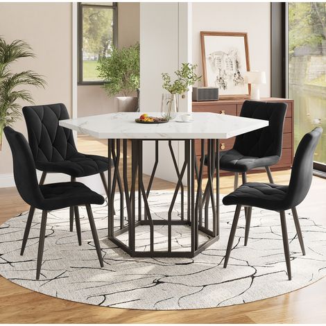 Conjunto de mesa y 4 sillas, mesa hexagonal efecto mármol, 4 sillas negras HAVRYA (1/5)