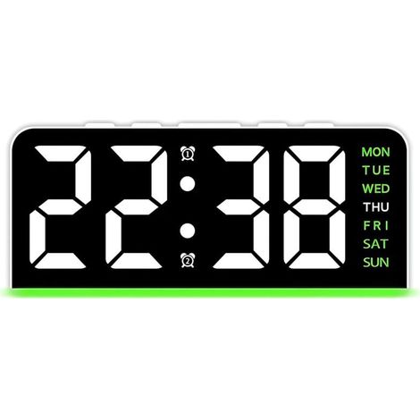 Réveil numérique avec affichage LED, double alarme, fonction d'arrêt automatique du rétroéclairage, compatible avec l'alimentation USB et par piles (vert). (1/4)