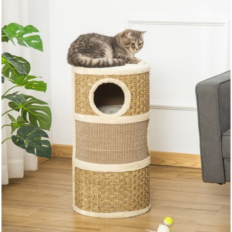 Tiragraffi a torre in peluche marrone, 3 livelli con tappeto tiragraffi e zone riposo, 37,5 x 37,5 x 70 cm (1/5)