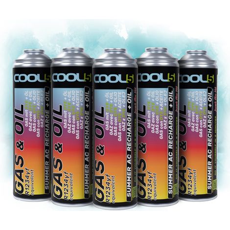 COOL5 2in1 – 5 x R1234yf Kältemittelersatz mit Öl, zum Befüllen von Klimaanlagen für Fahrzeuge ab Baujahr 2016 – 5 Dosen + APC 500 ml