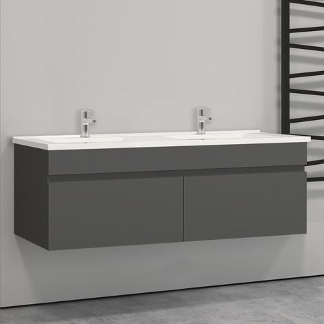 Aica Ensemble meuble Salle de Bain suspendu Anthracite avec 2 portes + double vasque en céramique, L x W x H:120x45x40cm