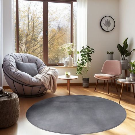 Carpetsale24 Wohnzimmerteppich, 120 cm rund, einfarbig grau, modern und weich, kurzer Flor, mit rutschfester Rückseite, waschbar