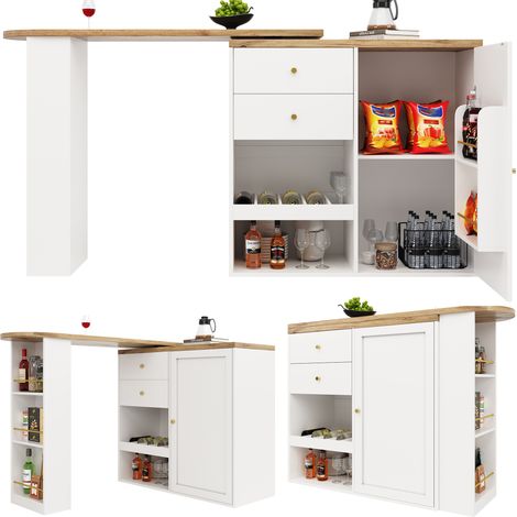 Table bar pivotante avec 2 tiroirs, porte coulissante et rangements ouverts, multifonction (1/5)