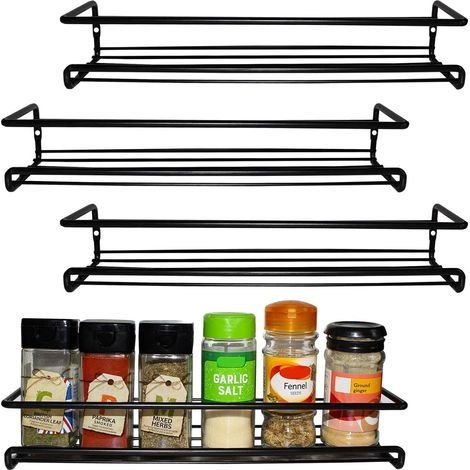 Etagere a Epices Murale de Couleur Noire (Lot de 4) - Porte Épices et Herbes Aromatiques pour Murs de Cuisine et Armoires sur Un Étage - Range Epices Cuisine à Fixation Murale (1/5)