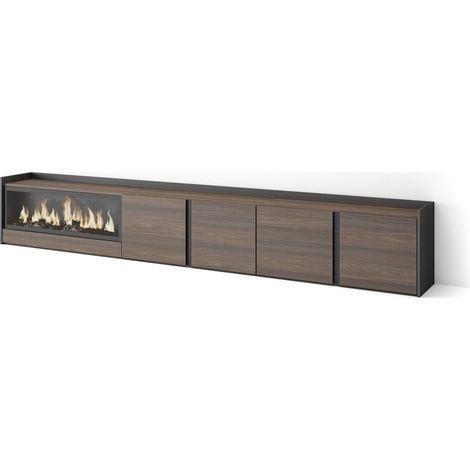 Skraut Home - Mobile TV Soggiorno, Ampio spazio a disposizione, 315x35x50cm, Per TV fino a 80", Camino elettrico XXL, Stile moderno, Rovere scuro e Nero