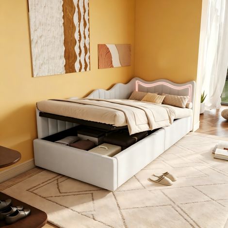 Canapé-lit 90x200, Lit avec dossier, cadre de lit simple avec LED et  hydraulique rangement, lit avec sommier, lit 1 Personne, tête de lit rembourré, MDF, Blanc, velours