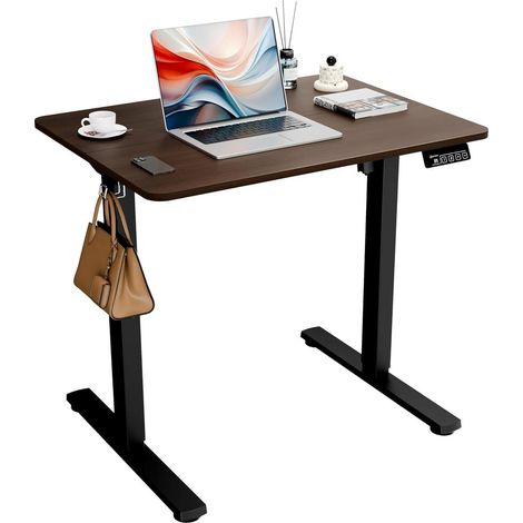 Bureau électrique réglable en hauteur 80x60cm, plateau noyer, structure noire (1/5)