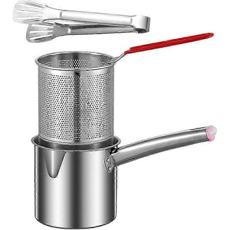 Marmite à frire en acier inoxydable 1,8 L, forme cylindrique anti-éclaboussures, ensemble de friture domestique avec passoire et pince (1/5)