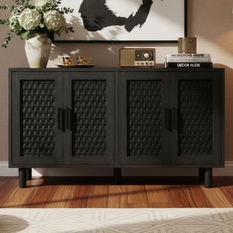 Buffet en rotin PVC - 4 portes, poignées et charnières en métal, pieds en bois massif -8 compartiments rangement, 140x40x80 cm - noir (1/5)