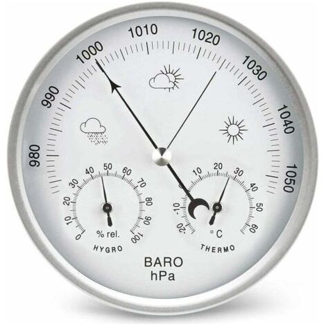 Baromètre à Cadran avec Thermomètre Hygromètre Station Météo Pression Barométrique (Métrique) Argent 132MM (1/4)