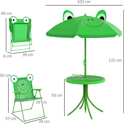 Ensemble de mobilier de jardin pour enfants, 4 pièces (2 chaises pliantes, parasol, table ronde), en acier et tissu Oxford, vert (1/5)