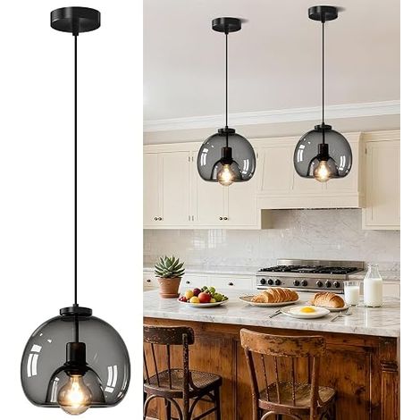Suspension Luminaire Verre Noir, 1 Lampe Lustre Salon Vintage E27, Ø20CM (1/5)