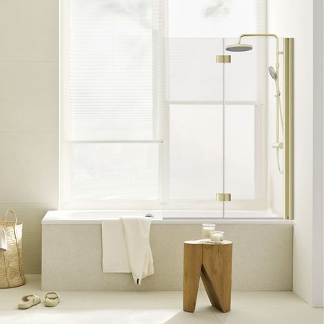 Pare-baignoire pivotant transparent or, H.140 x l.100 cm, SCHULTE, paroi de baignoire réversible, écran de baignoire 5 mm pliant, 2 volets rabattables