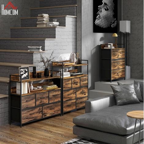 Cómoda industrial de 4 cajones de tela, balda superior, 60 x 29 x 85 cm, marrón/negro (1/5)