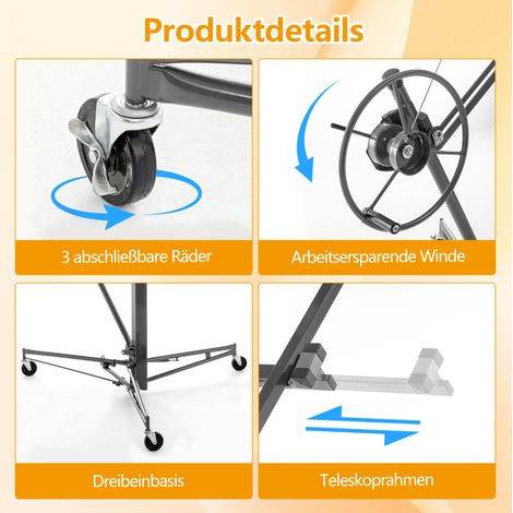 Leve-plaque pliable en acier gris pour plaques de plâtre jusqu'à 68 kg, hauteur réglable 180-470 cm, inclinaison 60°, 3 roues avec frein (1/5)
