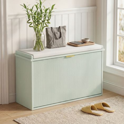 Banco Zapatero con Asiento Acolchado Cajón Abatible Estante Ajustable para Entrada Dormitorio 80x26x47,5 cm Verde Claro (1/5)