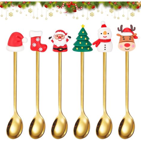 6 Cuillere a Cafe Noel, Cuillères à Café Noël, Petite Cuillère à Café Noel, Petite Cuillère avec Renne, Père Noël, Arbre de Noël pour Cadeau Noel, Cadeaux Noel, Decoration Noel Table, Or (1/5)