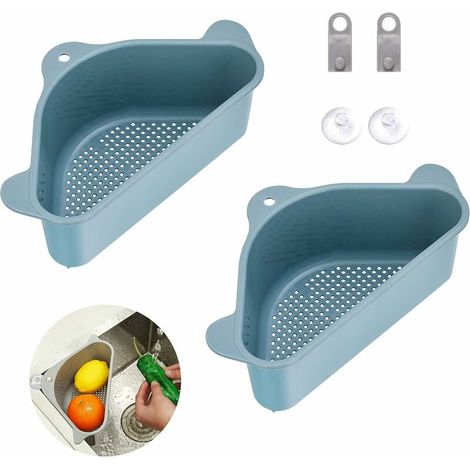 Cestas de drenaje triangulares de 2 piezas para puerta de fregadero con ventosas multifuncionales, escurridores de fregadero para cocina y baño (azul)