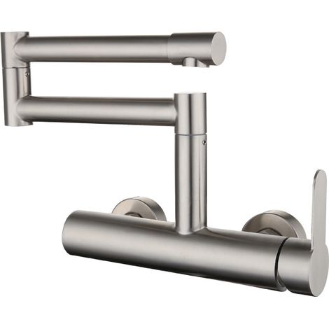 Grifo de cocina plegable de pared, acero inoxidable 304, doble orificio, rotación de 360°, mando único. (1/5)