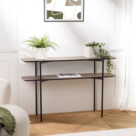 JULIA - Console double plateau marron 120x33cm bois pieds métal noir (1/5)