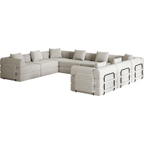 Sofá cama modular de chenilla khaki con almacenaje en el reposabrazos y estructura metálica (1/5)