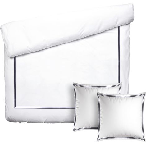 Parure de lit 3 pièces - Housse de Couette 260x240 + 2 taies 63x63 - Satin de Coton TC200 - Fermeture éclair - Silhouette - Bleu foncé/Blanc (1/5)