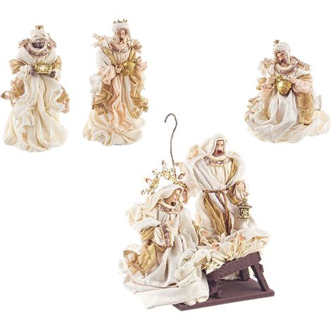 Natività completa con 6 soggetti statue per presepe vestiti in tessuto Panna e Oro h 28 cm