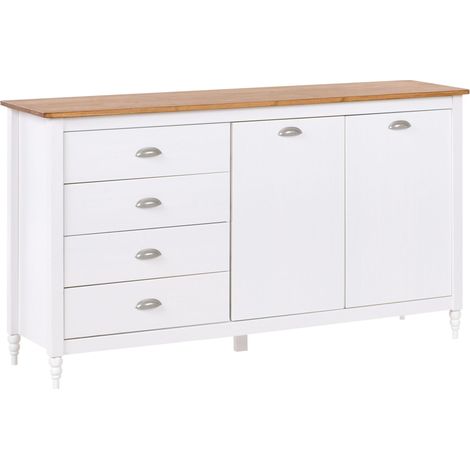 Beliani – Buffet scandinave en bois de pin 150x40x83 cm – 4 tiroirs et 2 portes – Meuble de rangement blanc élégant – Style moderne et traditionnel