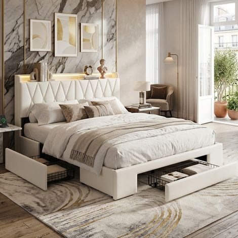 Creahappy Lit Capitonnée 160x200 cm avec Tiros - Espace de Rangement Intégré, Tête de Lit LED, Prises USB/Type-C - Velours Beige (1/5)