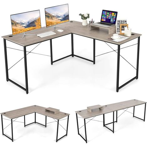 COSTWAY Schreibtisch mit Laptopständer, L-Form reversibler Eckschreibtisch, platzsparend, einfache Montage, Computertisch mit 3 Kabellöchern, Bürotisch für Home Office, 150x150x74 cm Hellgrau (1/5)