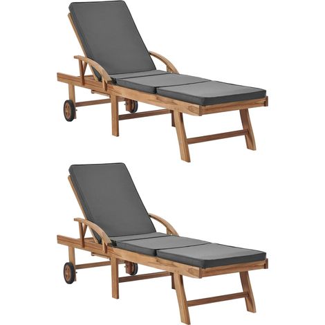 Sonnenliegen mit Auflagen 2 Stk. Massivholz Teak Dunkelgrau