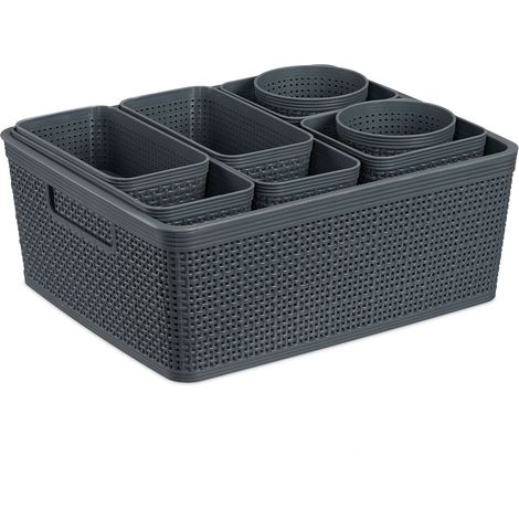 Relaxdays Organizador de Cajones, Set 10 Piezas, Cajas Organizadoras Baño, Diferentes Tamaños, Plástico, Cestas, Gris