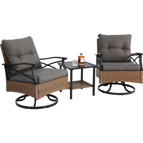 CAIziEnsemble de mobilier d'extérieur en osier, 3 pièces, avec 1 table et 2 fauteuils à bascule, support 350lbs, marron, mobilier de patio d'extérieur, ensemble de conversation (1/5)