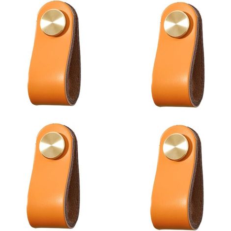 Set aus 4 Schranktürgriffen aus Messing und orangefarbenem Leder, Länge 65 mm, mit Schrauben, geeignet für Schränke und Küchen (1/5)