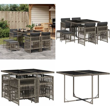 Set da Pranzo da Giardino 9 pz con Cuscini in Polyrattan Grigio - Sedie da giardino - Sgabelli da giardino