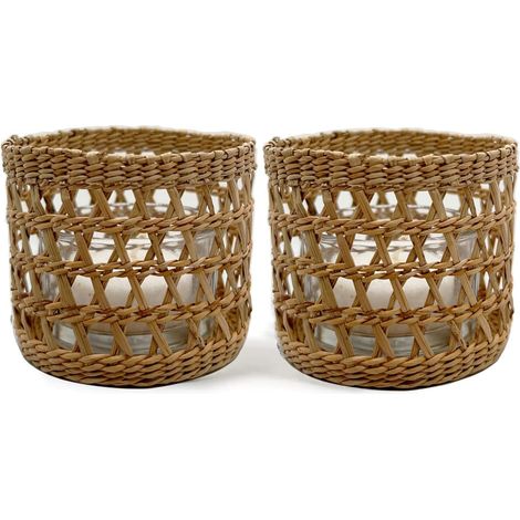 Lot de 2 bougeoirs en rotin naturel tissé - Décoration rustique vintage en jonc de mer pour table à manger, cuisine, plateau de service (1/5)