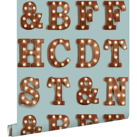 papier peint lettres lumineuses en bois – marquee vintage bleu et brun sépia - ESTAhome (1/5)
